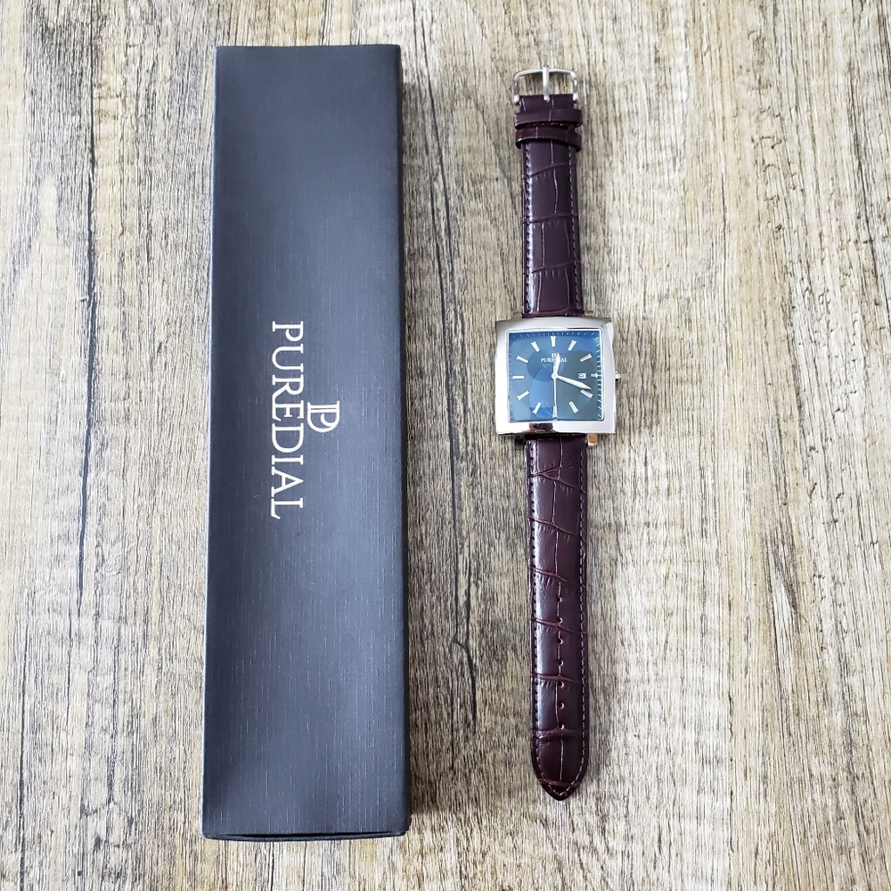Puredial Watch With Silver And Blue Color Square Face And Brown Leather